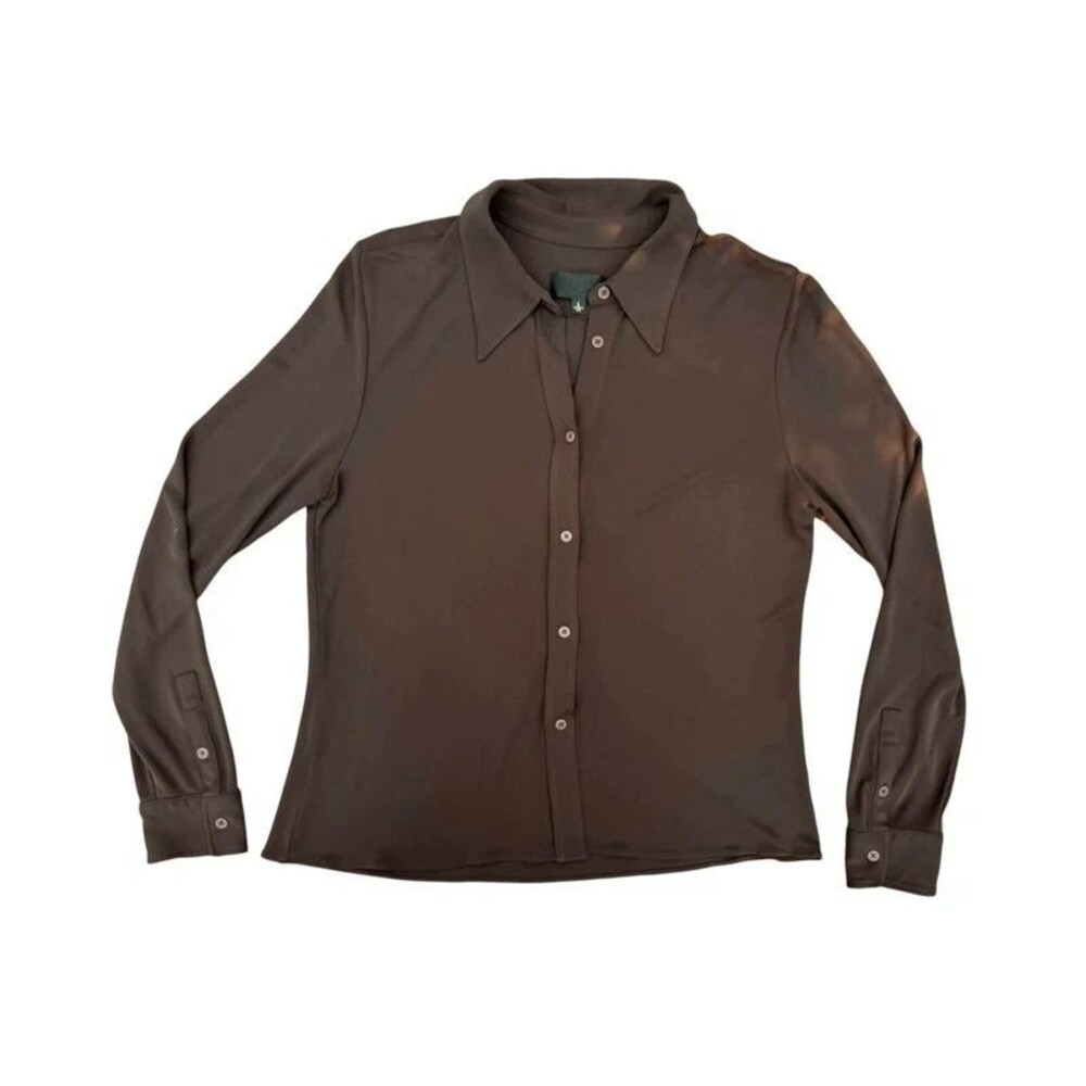 Nili Lotan Button Front Blouse Chocolate Brown Slinky Long Sleeve - L